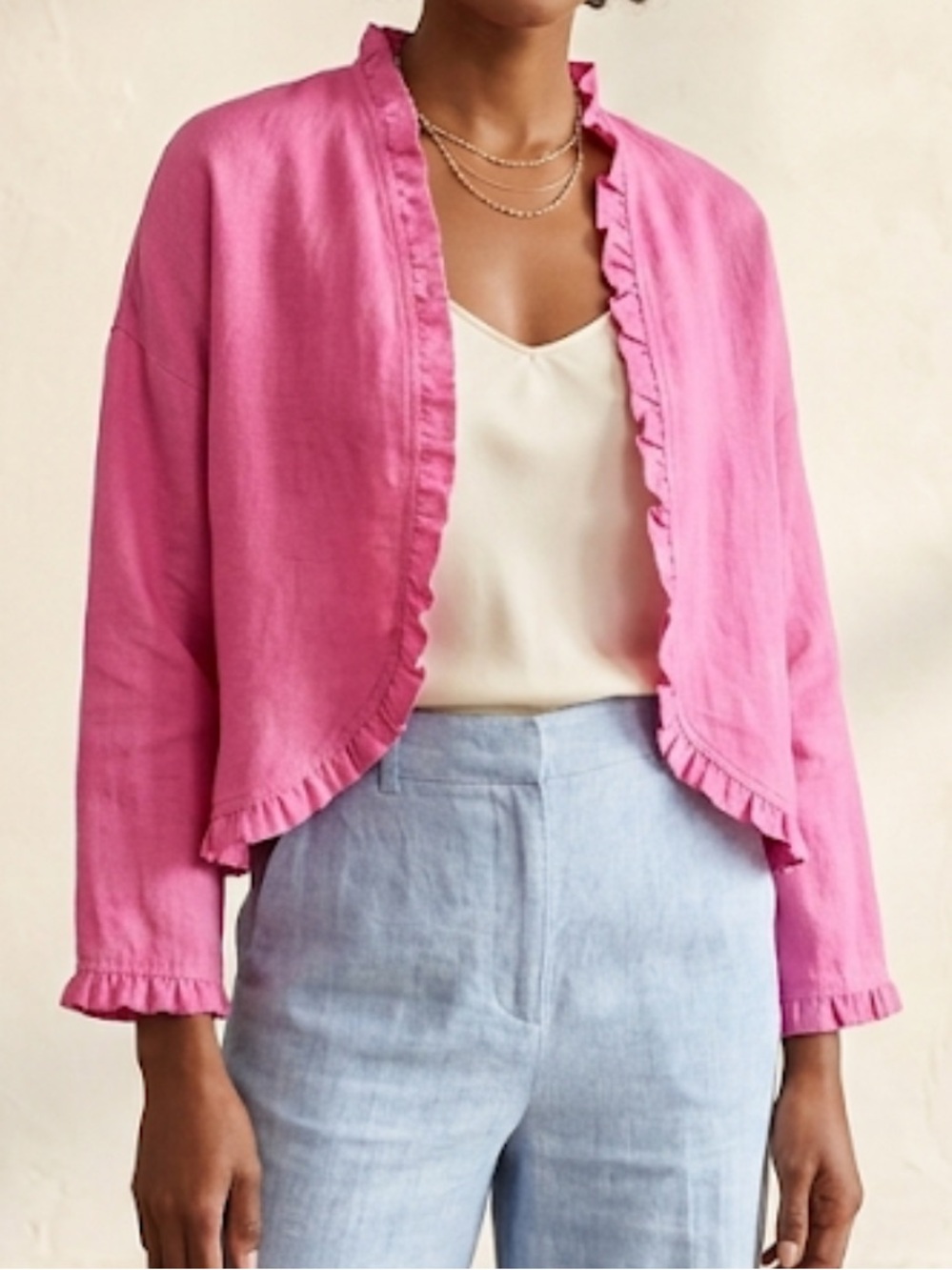 Click by color me cotton Pink Ruffle-Trim Linen Open Cropped Cardigan XXL